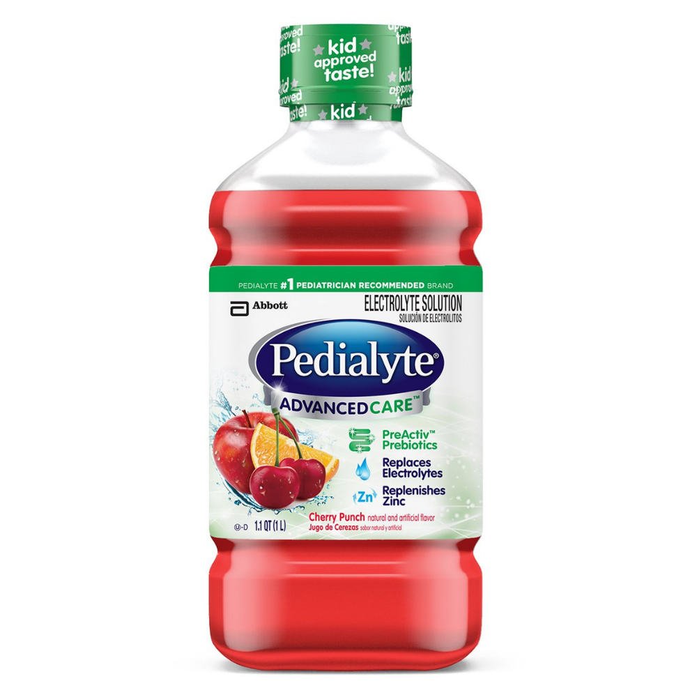 Pedialyte Advanced Care Cherry electrolyte solution bottle, 1L, with red liquid, for hydration and replenishing electrolytes.