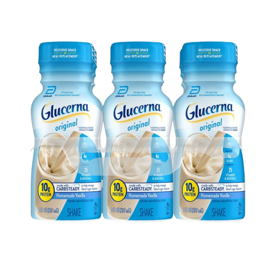 Six bottles of Glucerna Original Nutrition Shake in Homemade Vanilla flavor by Farmacias Savia, 8oz each.