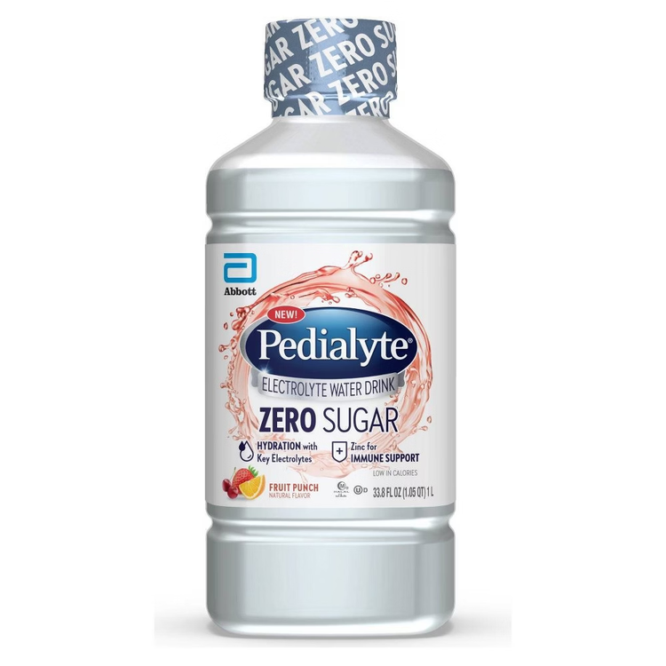 Pedialyte electrolyte water with zero sugar and fruit punch flavor, 33.8 oz, ideal for hydration and replenishing electrolytes.