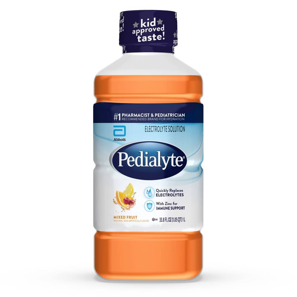 Pedialyte electrolyte solution in mixed fruit flavor, 33.8 oz bottle, hydrating beverage for replenishing electrolytes and hydration.