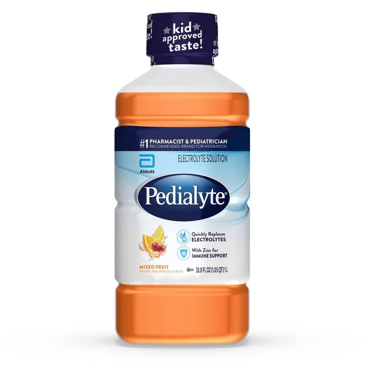 Pedialyte electrolyte solution in mixed fruit flavor, 33.8 oz bottle, hydrating beverage for replenishing electrolytes and hydration.
