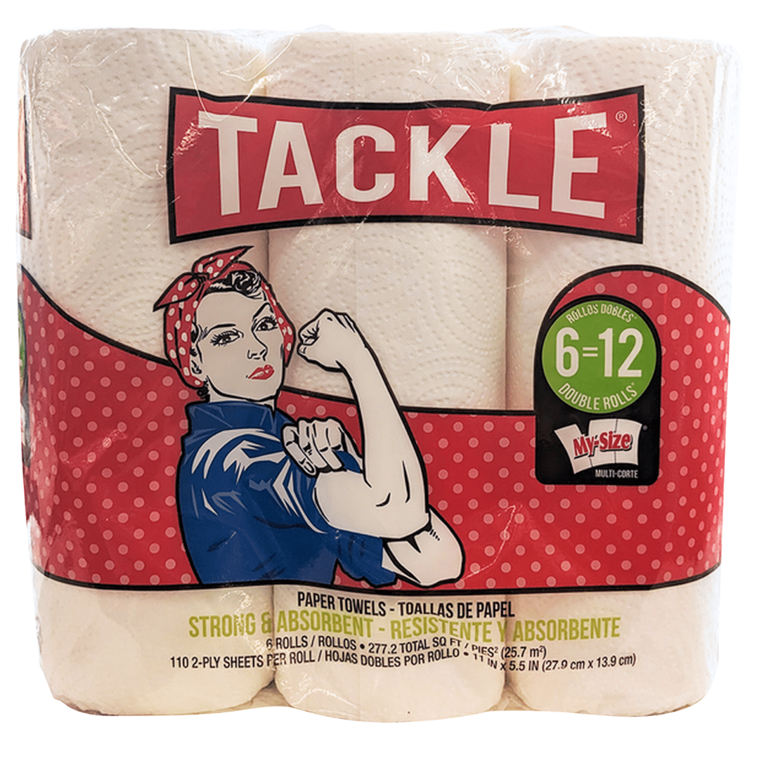 Farmacias Savia Tackle My-Size Paper Towels 6 Double Rolls, showing sturdy paper towels with absorbent texture in a household setting.