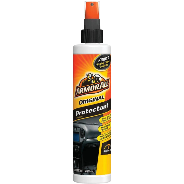 Armour All Original Protectant spray bottle, 10oz, with a black cap and label showing product details and brand name.