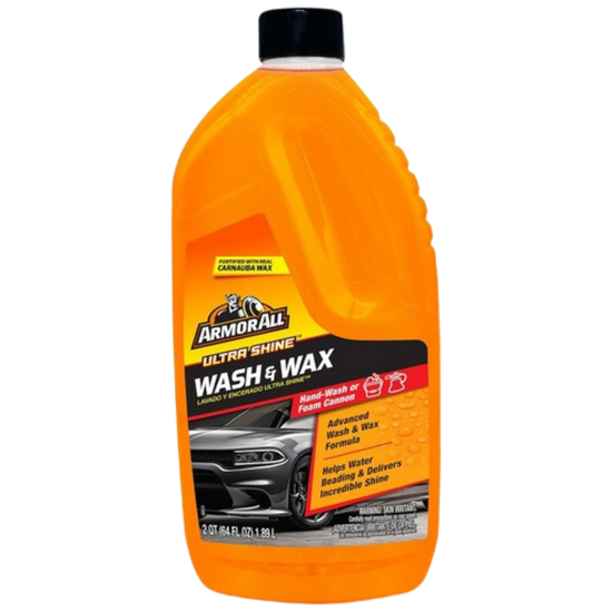 Bottle of Armor All Ultra Shine Wash & Wax 64oz with label showing product name and brand Farmacias Savia
