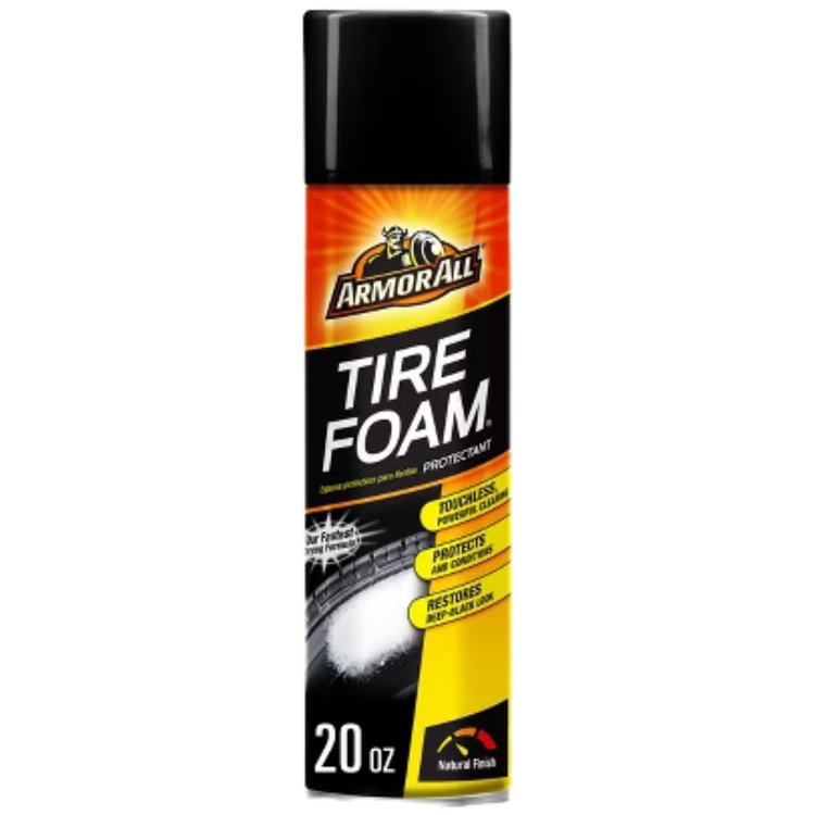 Foam tire protectant spray bottle from Armor All, 20oz size, with black and yellow labeling and a spray nozzle.