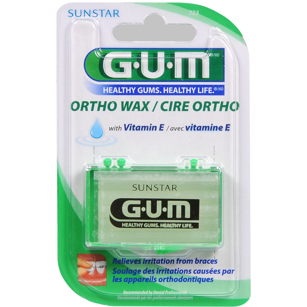 GUM Orthodontic Wax with Vitamin E for oral care, showing a clear container with wax used for orthodontic appliance comfort.