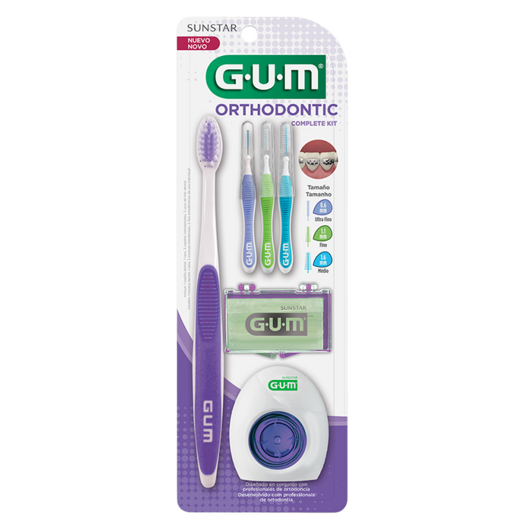 GUM Orthodontic Kit with dental tools and accessories for braces, arranged on a white background.
