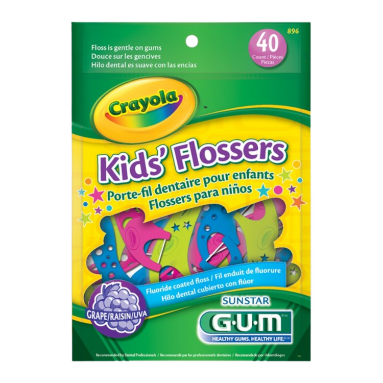 GUM Crayola 40 flossers in colorful packaging, designed for effective dental cleaning and oral hygiene.