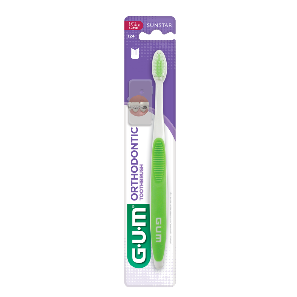 GUM Orthodontic Soft 124 4-Row Toothbrush with lid, designed for orthodontic care, featuring soft bristles and protective cover.