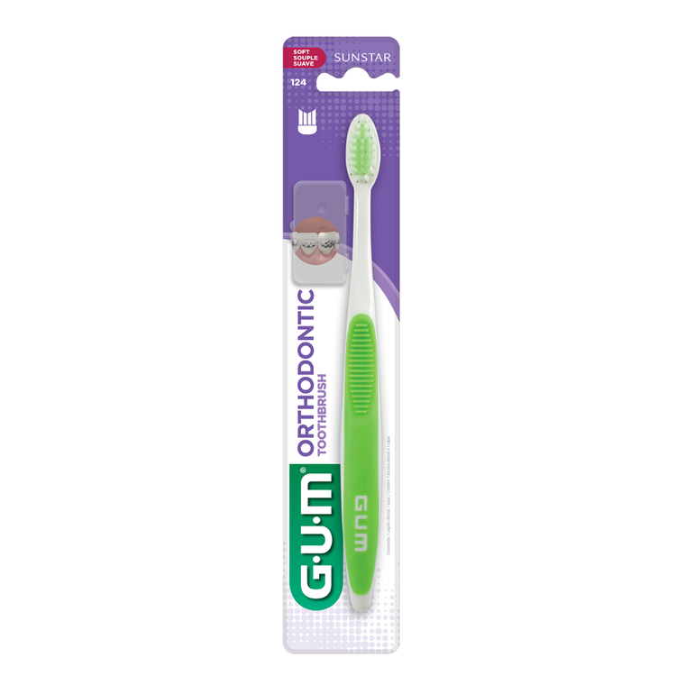 GUM Orthodontic Soft 124 4-Row Toothbrush with lid, designed for orthodontic care, featuring soft bristles and protective cover.