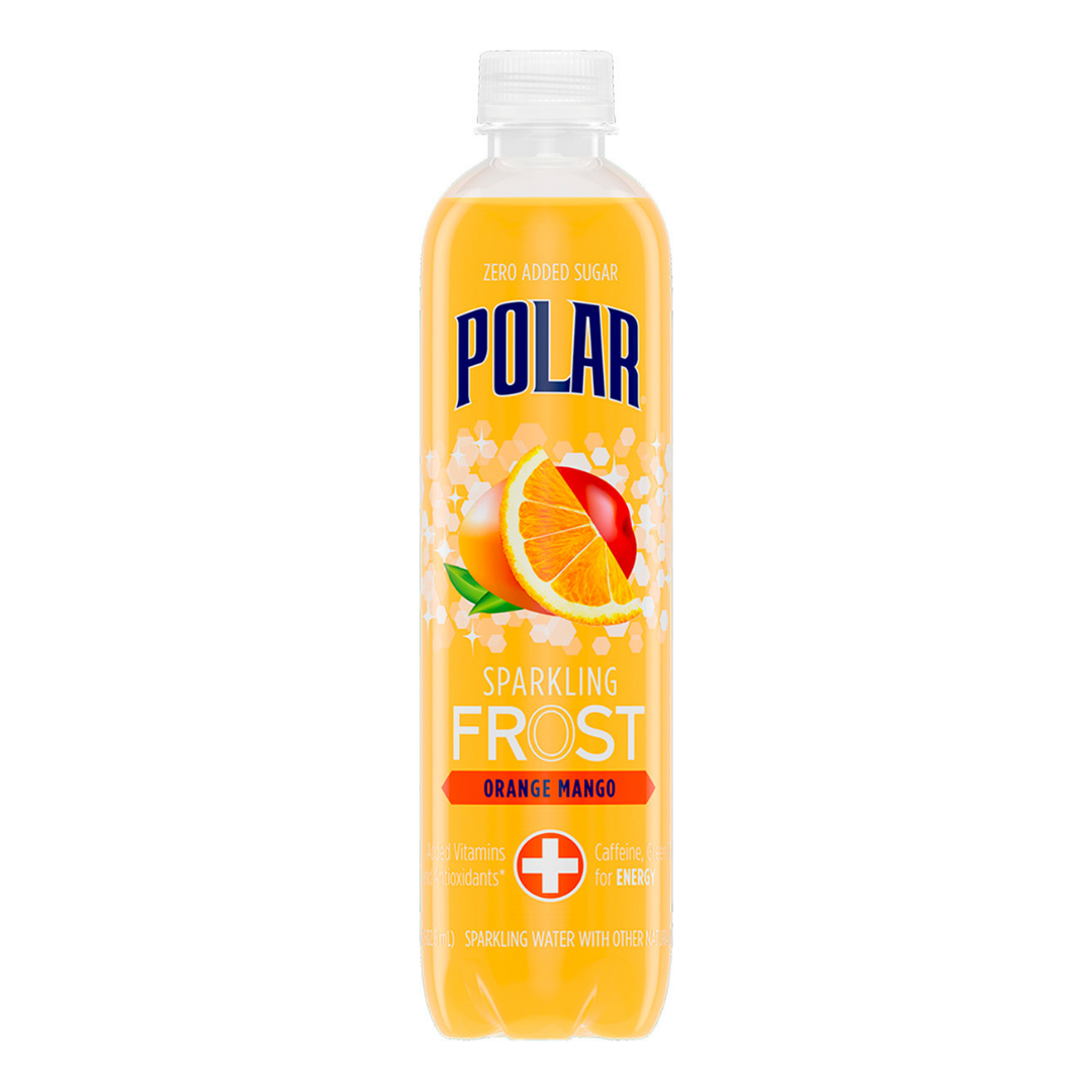 Polar Frost Orange Mango sparkling water in a 16oz can, with bright orange and mango imagery on the label.