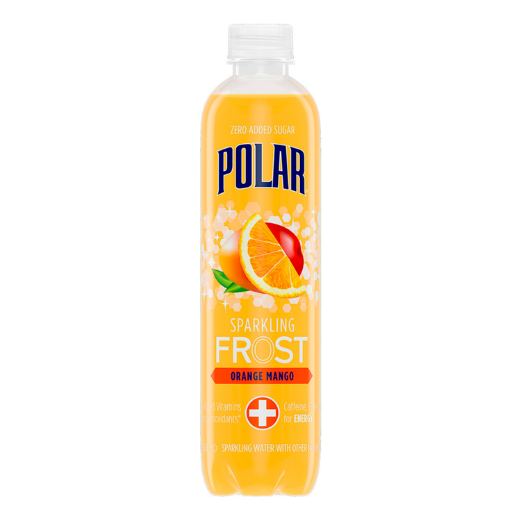 Polar Frost Orange Mango sparkling water in a 16oz can, with bright orange and mango imagery on the label.