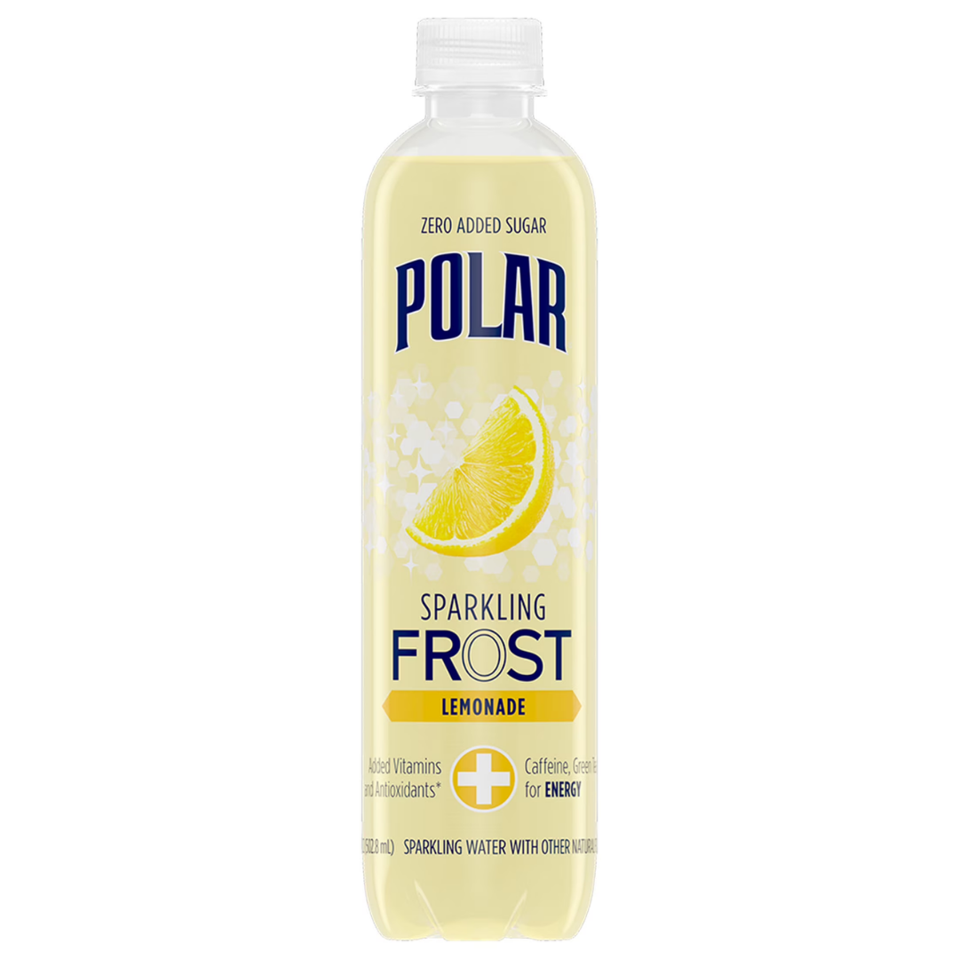 Polar Frost Lemonade Sparkling Water 16oz bottle from Farmacias Savia, featuring a colorful label with lemon and sparkling water imagery.