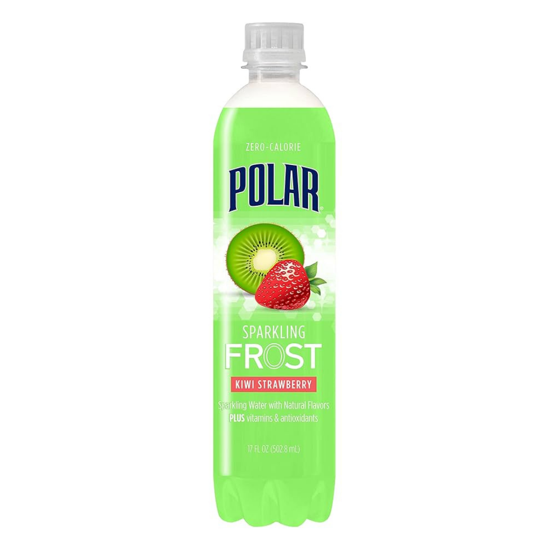 Polar Frost Kiwi Strawberry sparkling water in a 16oz bottle from Farmacias Savia, with vibrant kiwi and strawberry flavor labels.
