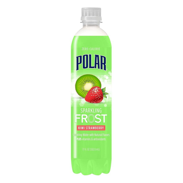 Polar Frost Kiwi Strawberry sparkling water in a 16oz bottle from Farmacias Savia, with vibrant kiwi and strawberry flavor labels.