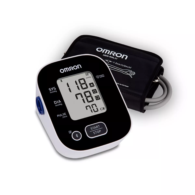 Omron upper-arm blood pressure monitor, medical device with cuff and digital display for accurate blood pressure readings.