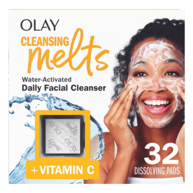 Olay Cleansing Melts Vitamin C Daily Facial Cleanser 32 count, creamy textured bottle with orange accents and clear label.