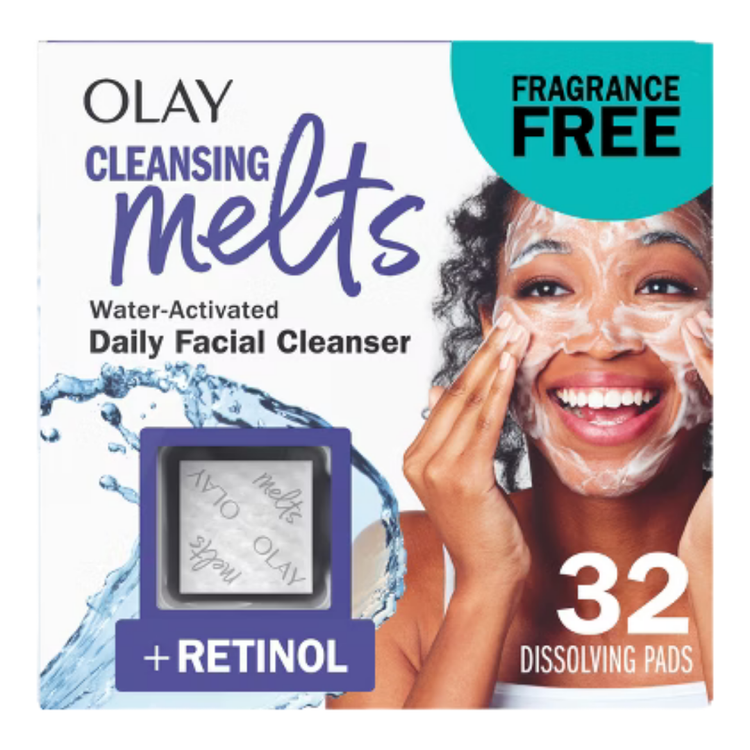 Fragrance-free Olay Cleansing Melts with Retinol, daily facial cleanser in a 32-count pack, suitable for sensitive skin.