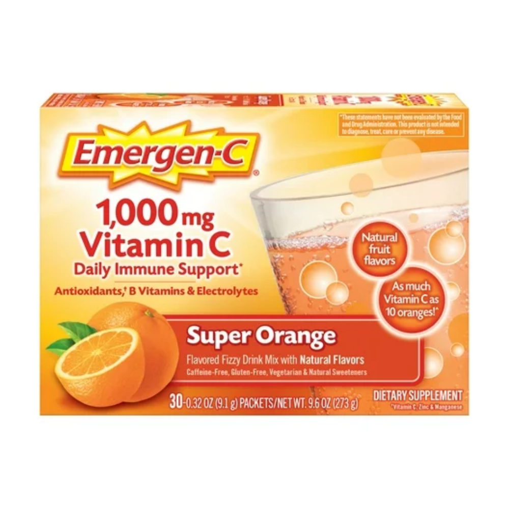 Emergen-C Daily Immune Support Vitamin C Super Orange supplement box showing 30 packets, bright orange packaging, and product label.
