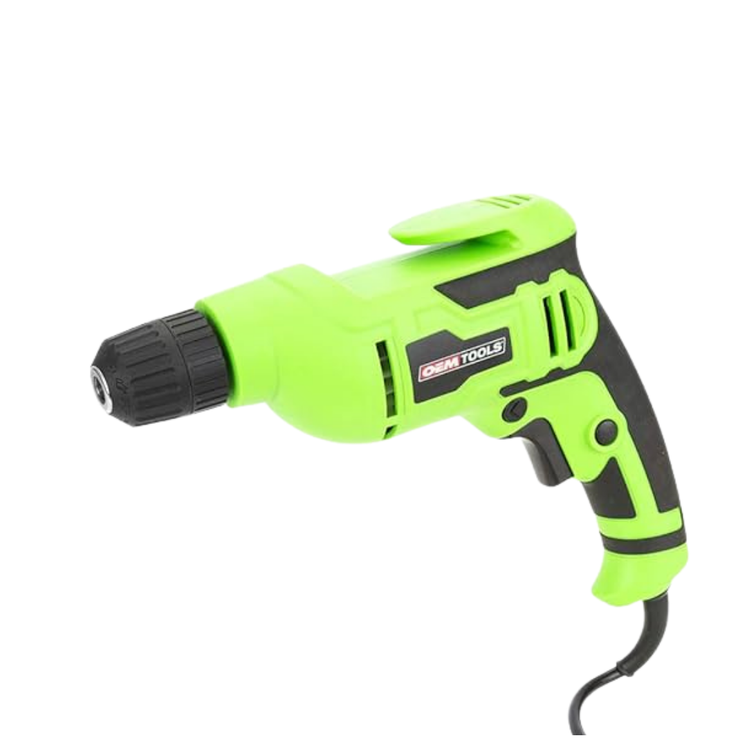 OEM Tools electric drill in black and yellow with a pistol grip, featuring a keyless chuck and trigger for versatile drilling tasks.