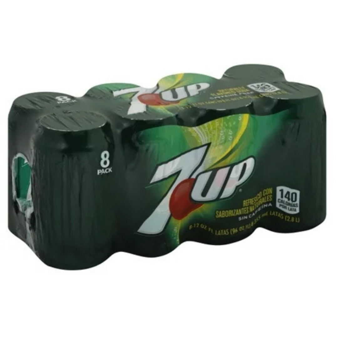 Seven Up Lemon Lime soda 8-pack cans, 12oz each, from La Comprita by Farmacias Savia, showing the colorful cans with lemon and lime images.