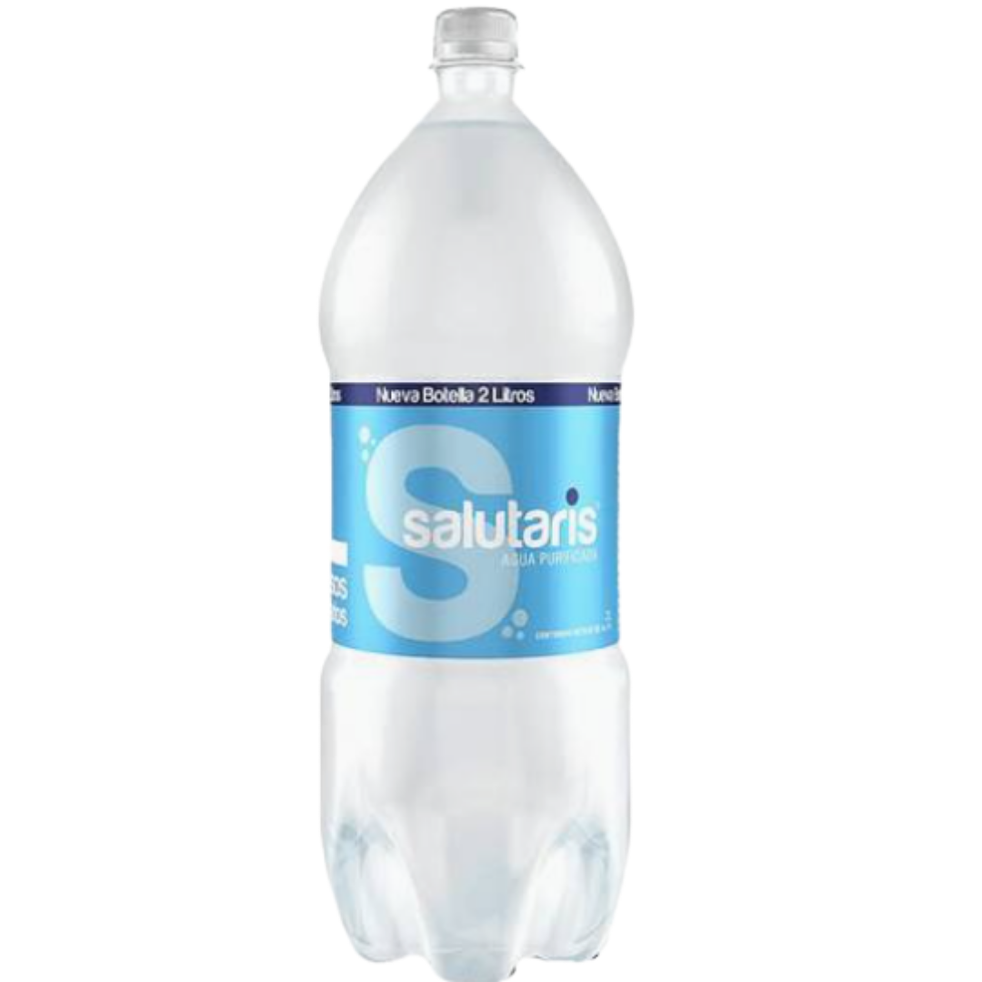 Plastic bottle of Salutaris mineral water by La Comprita, 1.75L, with clear label and blue cap.