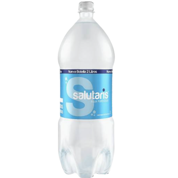 Plastic bottle of Salutaris mineral water by La Comprita, 1.75L, with clear label and blue cap.