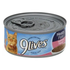 9Lives Meaty Paté Seafood Platter cat food in 5.5oz can, featuring salmon flavor and creamy wet alimentation for cats.