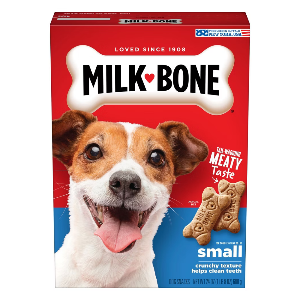 Small Milk-Bone dog biscuits in a 24oz bag, made for small dogs, from Farmacias Savia, ideal as a nutritious snack for pets.