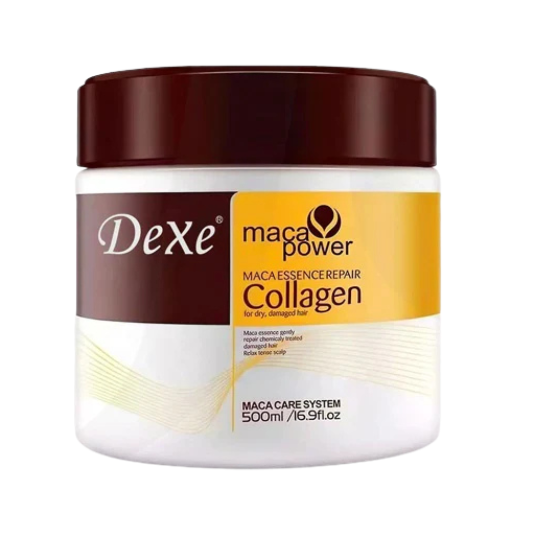 Dexe Maca Power Collagen Hair Mask in 16.9 oz jar, nourishing treatment for healthy, strong hair, by Farmacias Savia.