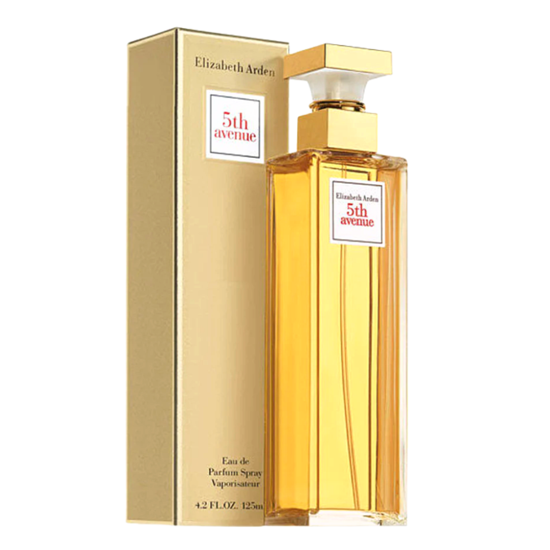 Elizabeth Arden 5th Avenue Eau de Parfum for women in a 4.2oz bottle, featuring elegant perfume packaging and design.