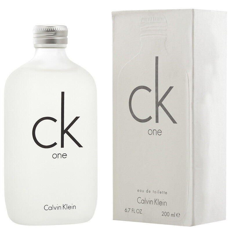 Calvin Klein CK One EDT spray in 6.7 oz bottle, featuring a minimalist transparent design and modern fragrance packaging.