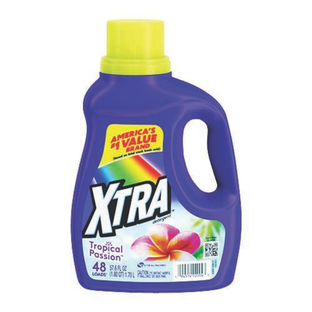 XTRA Tropical Passion liquid laundry detergent in a 57.6oz bottle, featuring vibrant tropical fruit imagery and bright packaging.