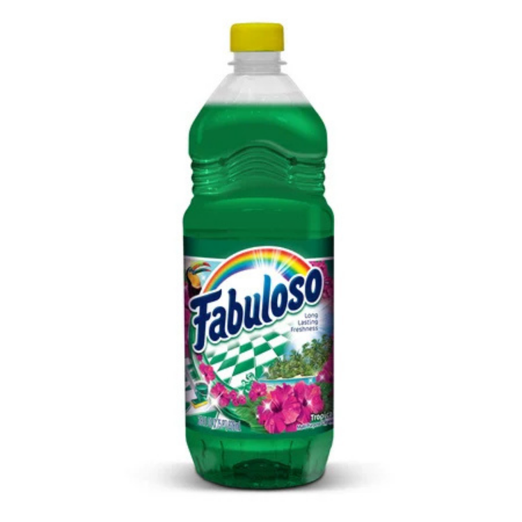 Fabuloso Tropical Multi-Purpose Cleaner in 28oz bottle, bright label with colorful tropical fruit design, used for cleaning surfaces.