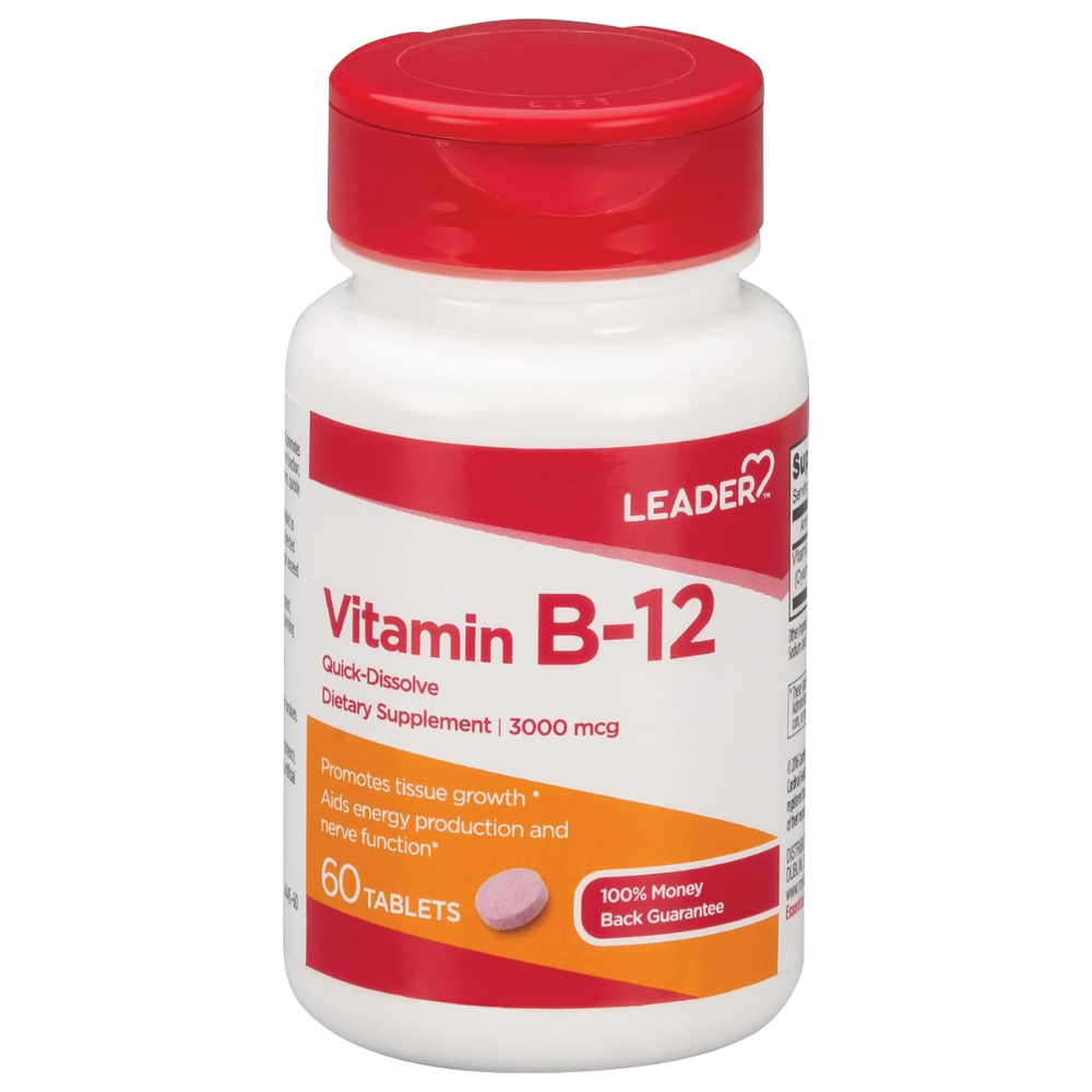 Leader Vitamin B-12 Quick Dissolve 3000 MCQ supplement in 60 tablets, natural orange flavor, dietary vitamin supplement.
