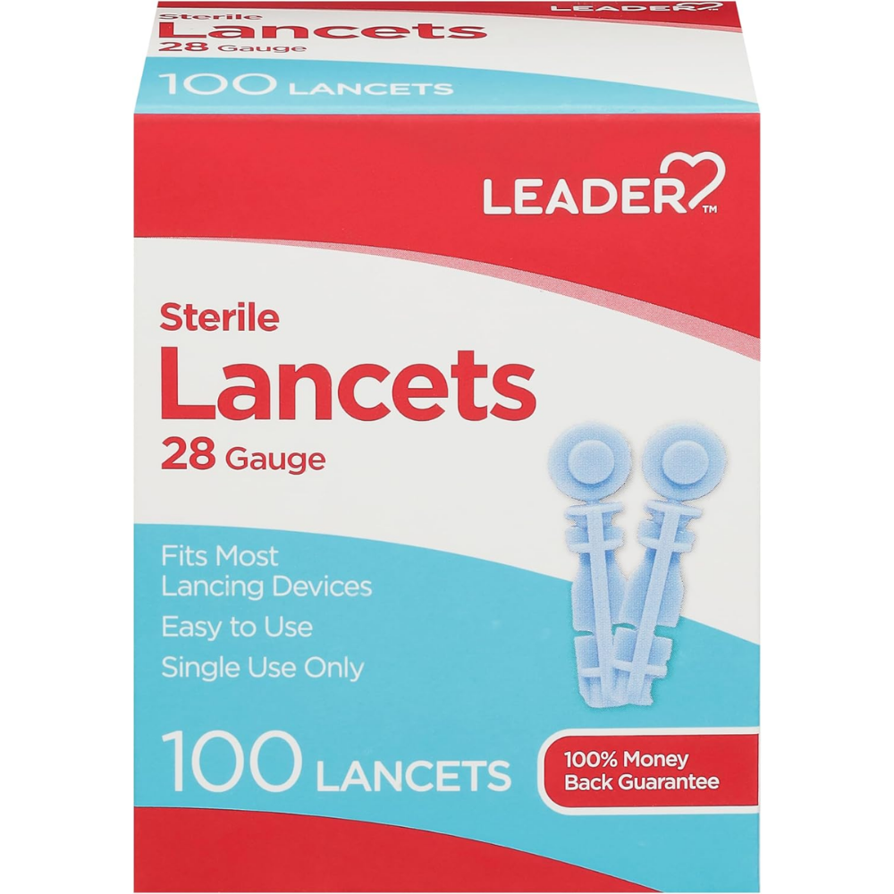 Farmacias Savia 28 gauge Leader Lancets for blood sampling, shown in a pack of 100 medical lancets for testing.