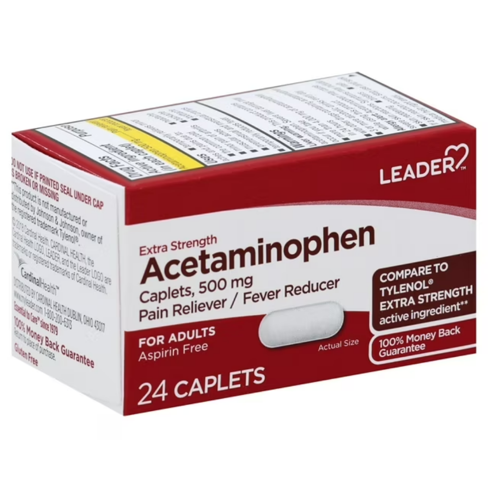 Box of Leader Acetaminophen Extra Strength 500mg pain relievers and fever reducers, 24 capsules in a white package.
