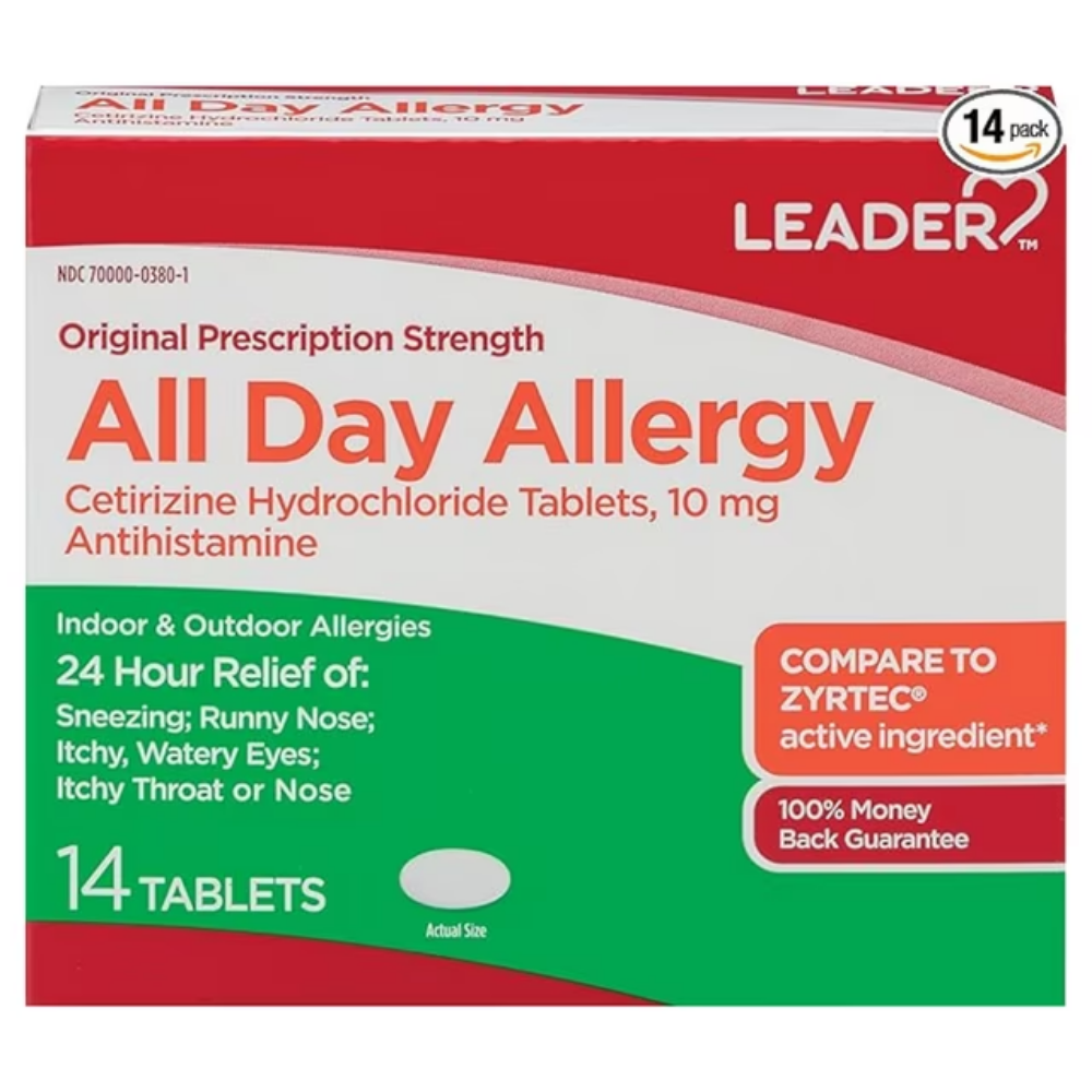 Leader All Day Allergy Cetirizine 10mg, 14 tablets for allergy relief, from Farmacias Savia, showing the medication packaging.