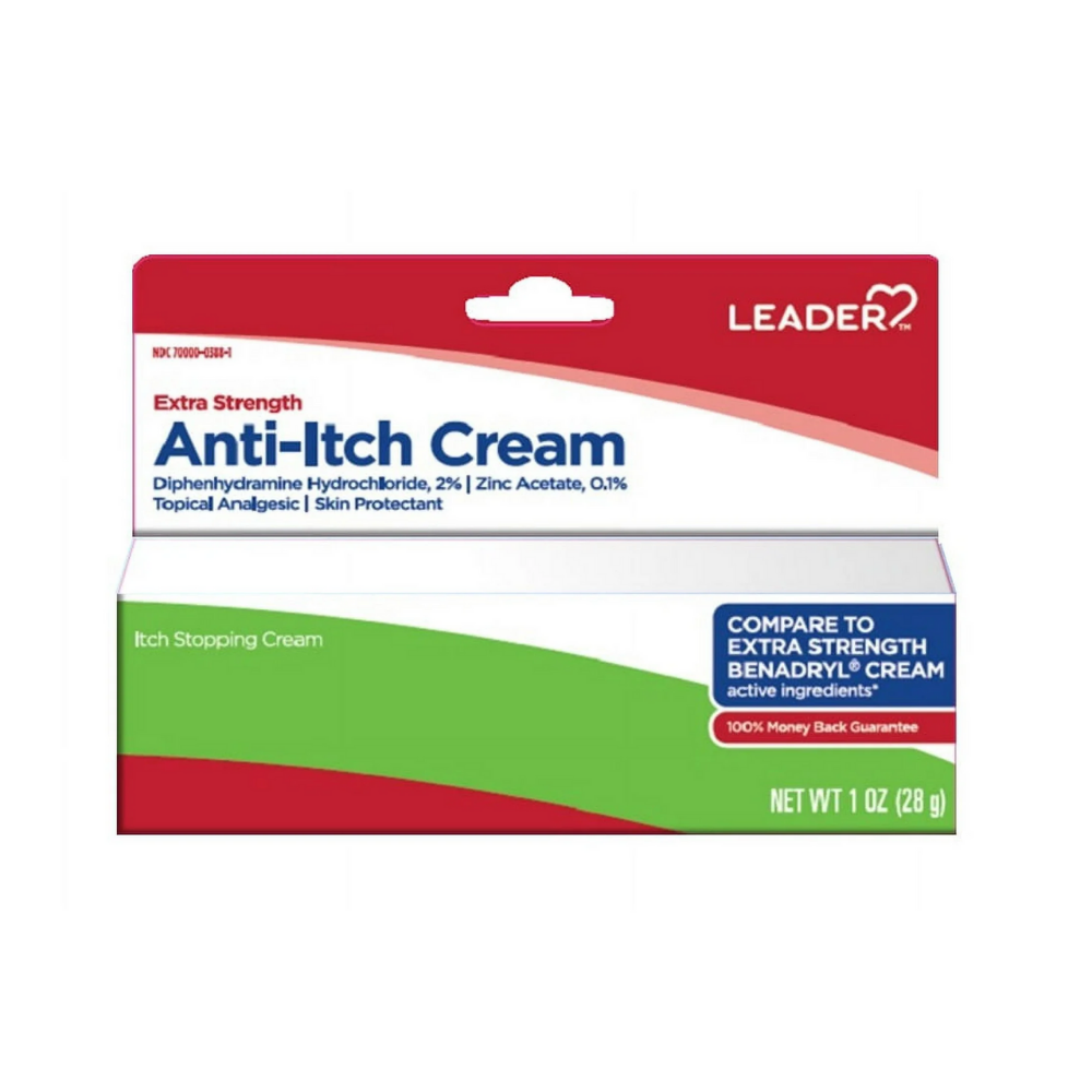 Farmacias Savia Leader Extra Strength Anti-Itch Cream 1 oz for allergy relief, shown in a small tube with label.