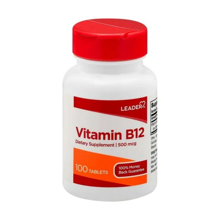 Leader Vitamin B12 500 mcg supplement in 100 tablets, dietary vitamin supplement from Farmacias Savia, shown in bottle with tablets