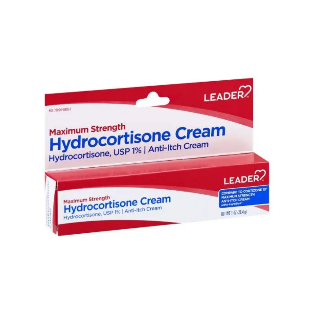 Leader Hydrocortisone 1% maximum strength cream for allergy relief in a 1 oz tube, ideal for soothing skin irritation.