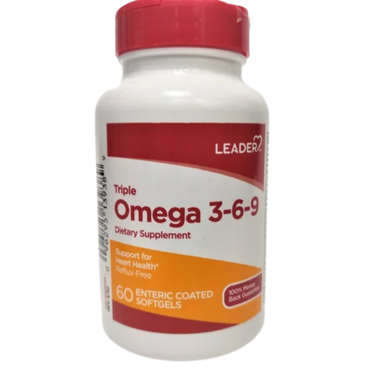 Bottle of Leader Triple Omega 3-6-9 softgels supplement by Farmacias Savia, showing 60 capsules in a clear container.