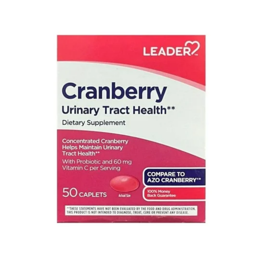 Leader Urinary Tract Health supplement with cranberry, probiotics, and Vitamin C, 50 capsules for urinary support.