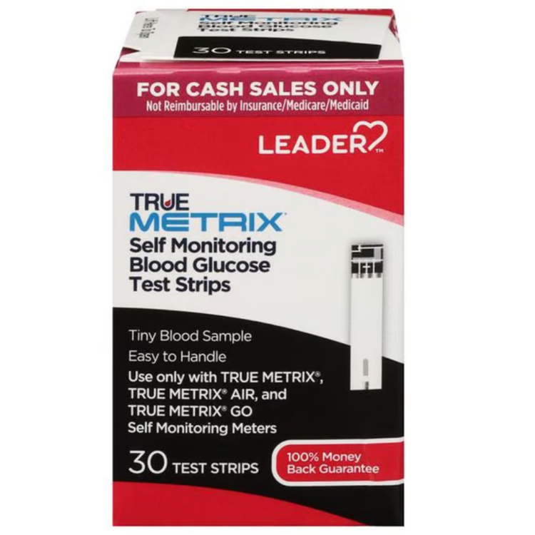Leader True Metrix blood glucose test strips, 30-count, for self-monitoring diabetes management, by Farmacias Savia.