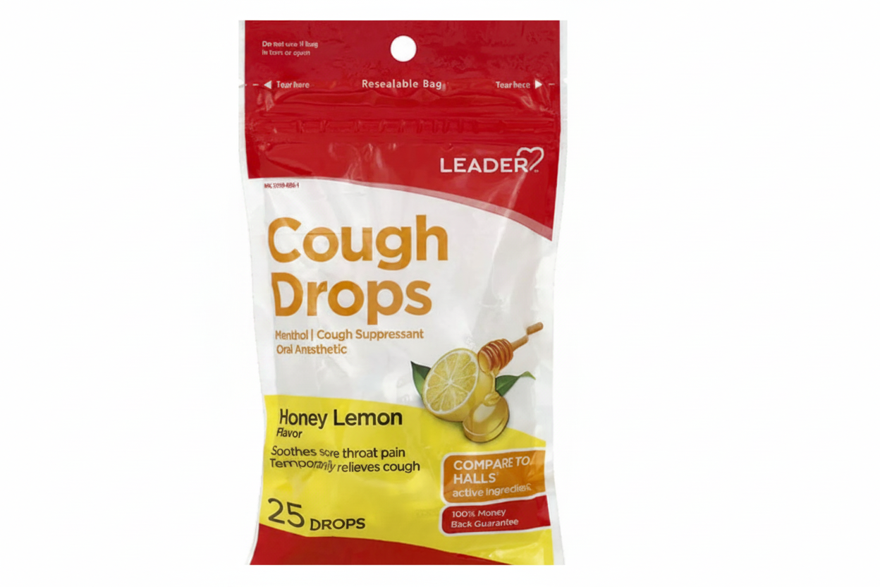 Gluten-free Menthol Honey Lemon Cough Drops in a 25-count package, designed to soothe throat discomfort.