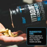 Bottle of Nutrex Vitadapt Complete vitamins and herbs supplement with 90 capsules, designed for overall wellness and stress support.
