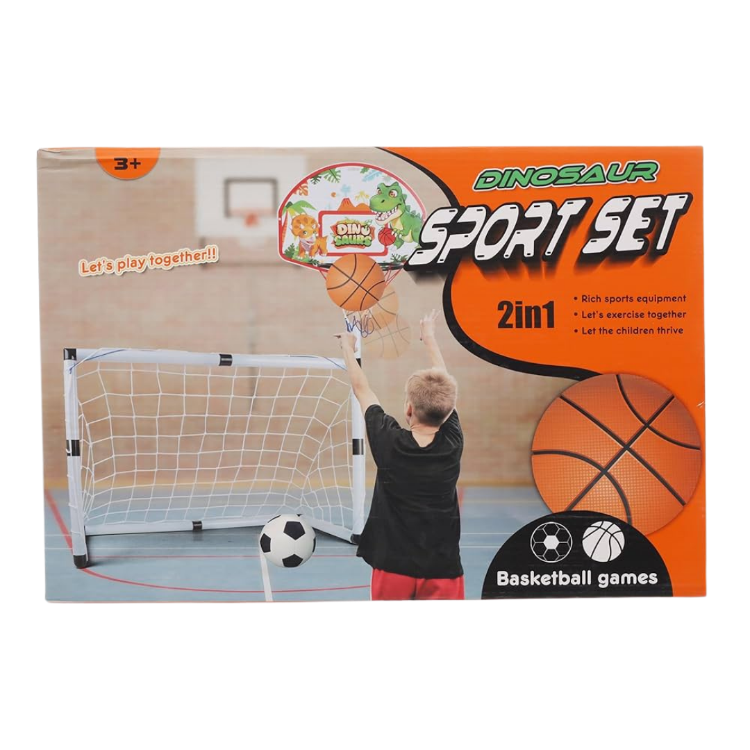 Dinosaur 2-in-1 basketball hoop and soccer goal sport set for kids with colorful dinosaur design and adjustable height.