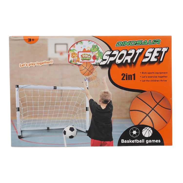 Dinosaur 2-in-1 basketball hoop and soccer goal sport set for kids with colorful dinosaur design and adjustable height.