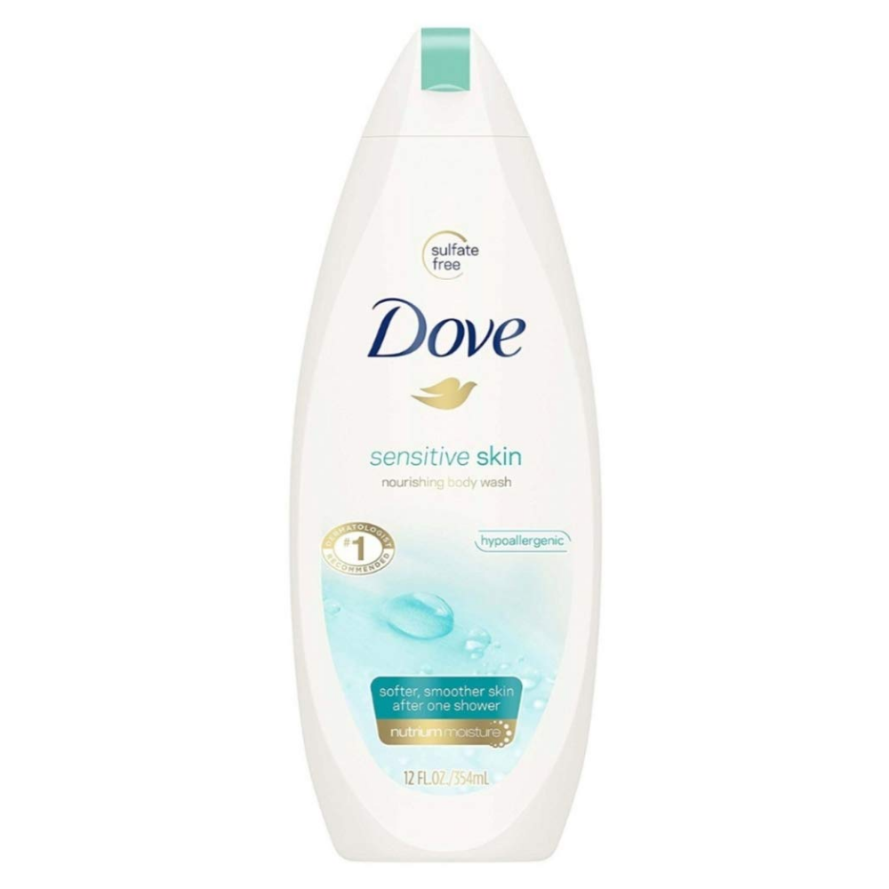 Dove Sensitive Skin Nourishing Body Wash in 12oz bottle, gentle soap for sensitive skin, shown in a bathroom setting.