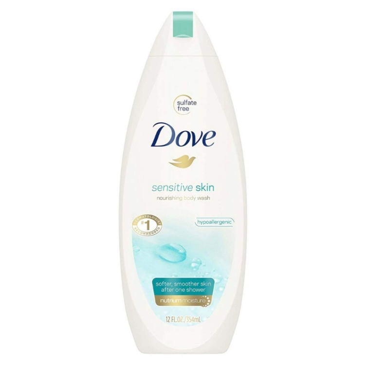 Dove Sensitive Skin Nourishing Body Wash in 12oz bottle, gentle soap for sensitive skin, shown in a bathroom setting.